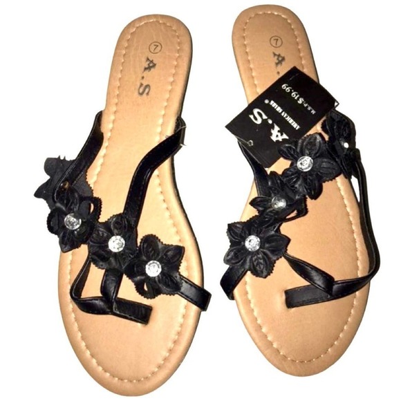 Bohemian Flower Sandals Slides Size 7 Black Rhinestone - Picture 3 of 3